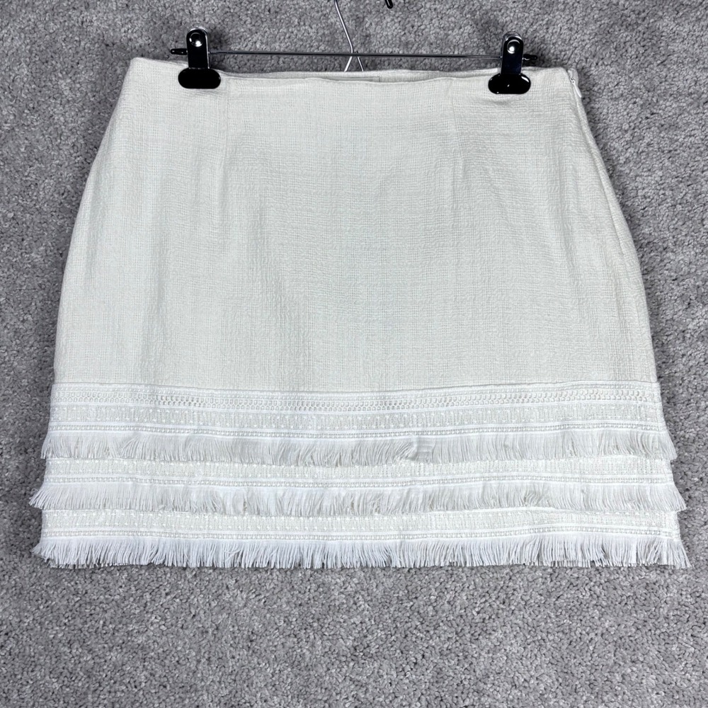 Greylin Audrey Textured Fringe Skirt Women's Large Mini‎ White Linen Blend